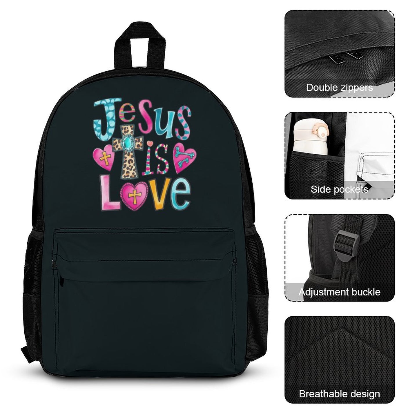 He Is Love Christian Backpack Set of 3 Bags (Shoulder Bag Lunch Bag & Pencil Pouch)