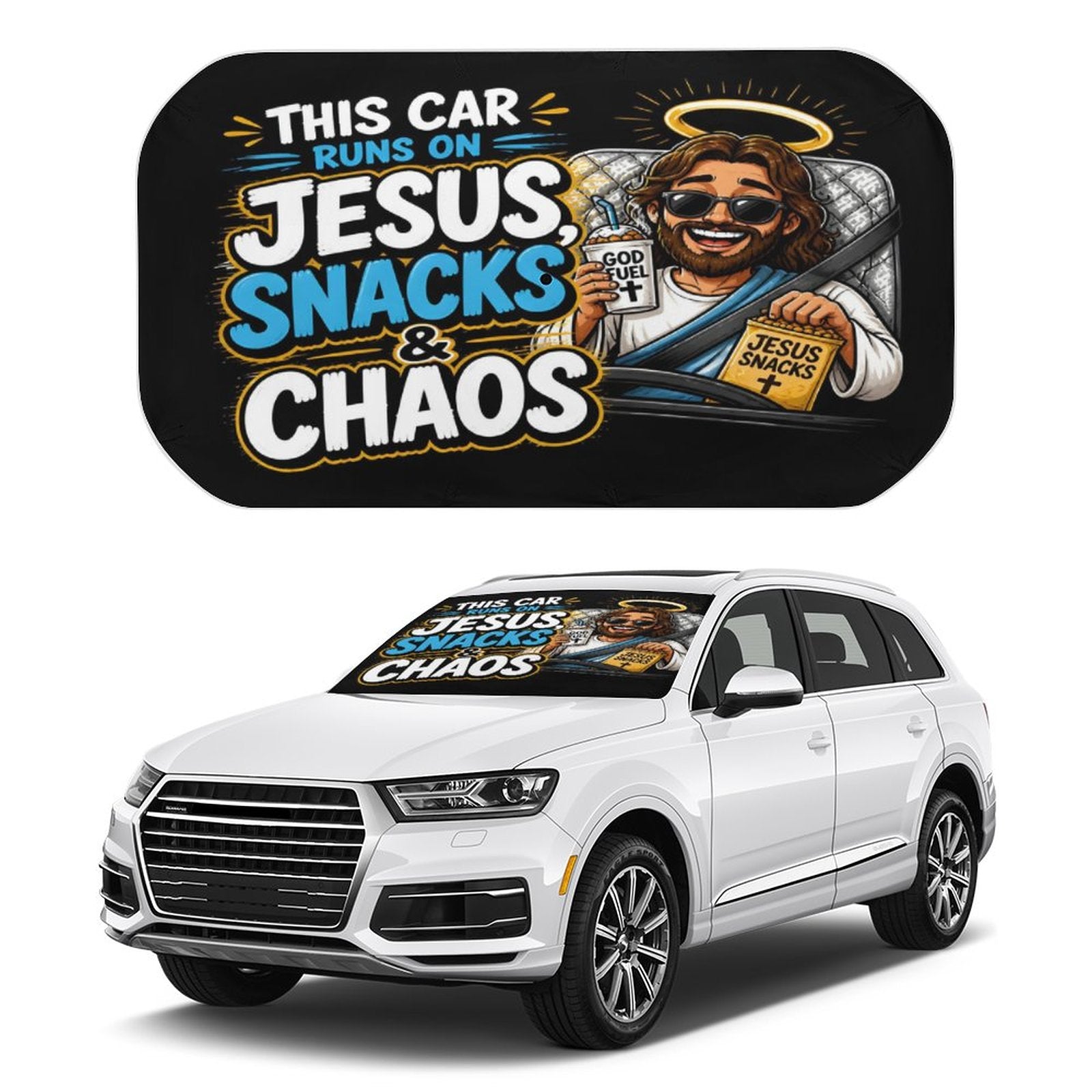 This Car Runs on Jesus, Snacks & Chaos Christian Car Sunshade Umbrella - ClaimedbyGodDesigns