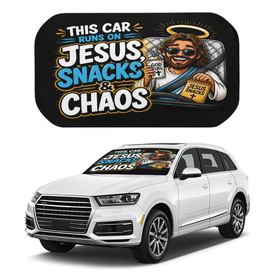This Car Runs on Jesus, Snacks & Chaos Christian Car Sunshade Umbrella - ClaimedbyGodDesigns