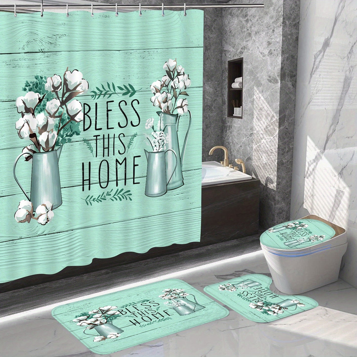 Bless This Home 4pc Christian Shower Curtain Set With 12 Hooks, Non-Slip Bathroom Rug, Toilet U-Shape Mat, Toilet Lid Cover Pad claimedbygoddesigns