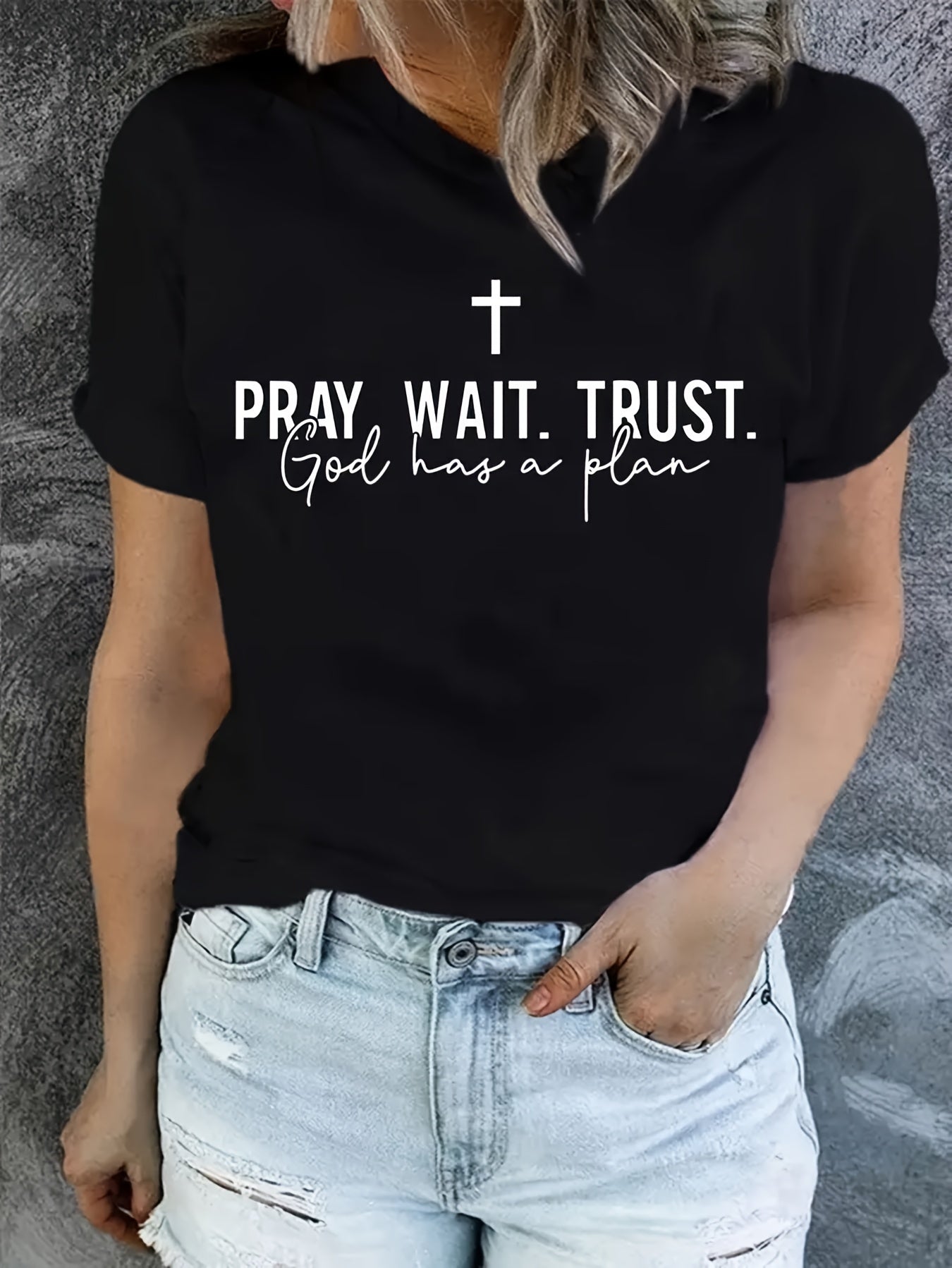 Pray Wait Trust God Has A Plan Plus Size Women's Christian T-shirt claimedbygoddesigns