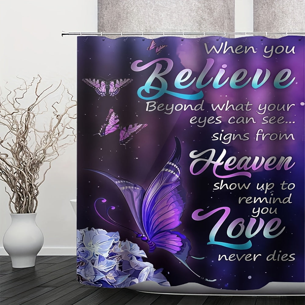 4pcs Believe Beyond What You Can See Christian Shower Curtain With 12 Hooks, Non-Slip Bathroom Rug, Toilet U-Shape Mat, Toilet Lid Cover Pad claimedbygoddesigns
