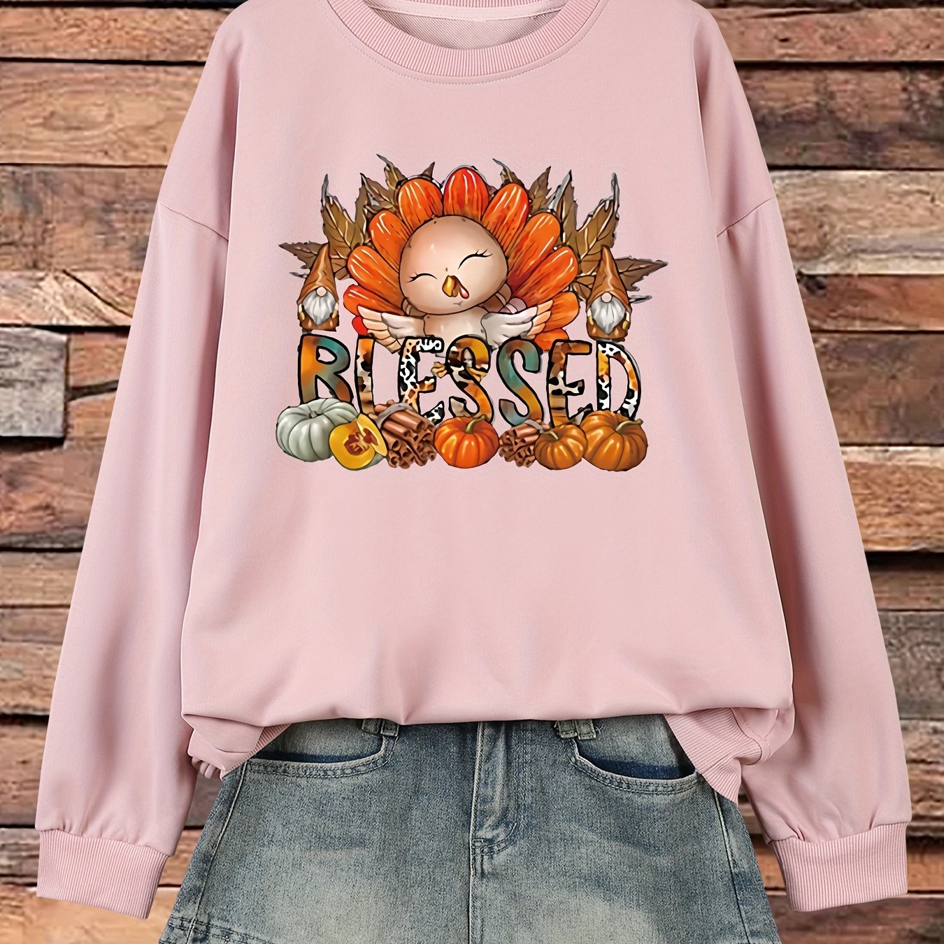Blessed (Thanksgiving Themed) Plus Size Women's Christian Pullover Sweatshirt claimedbygoddesigns