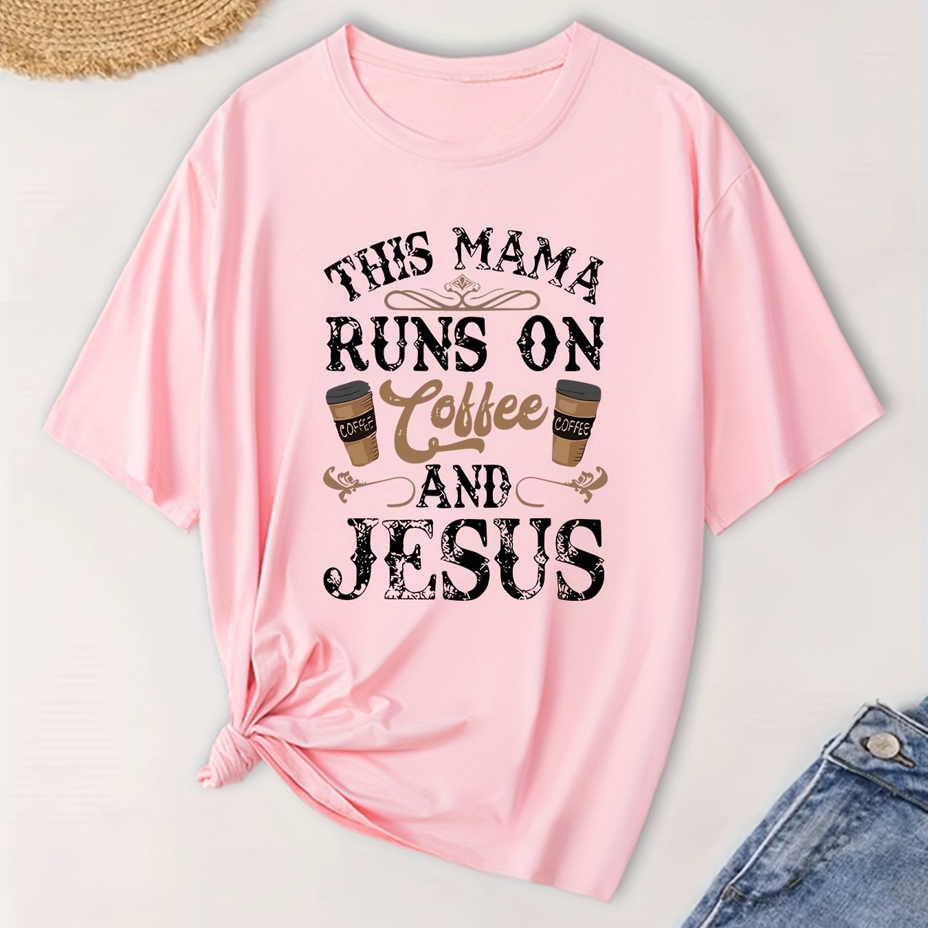 This Mama Runs On coffee And Jesus Plus Size Women's Christian T-shirt claimedbygoddesigns