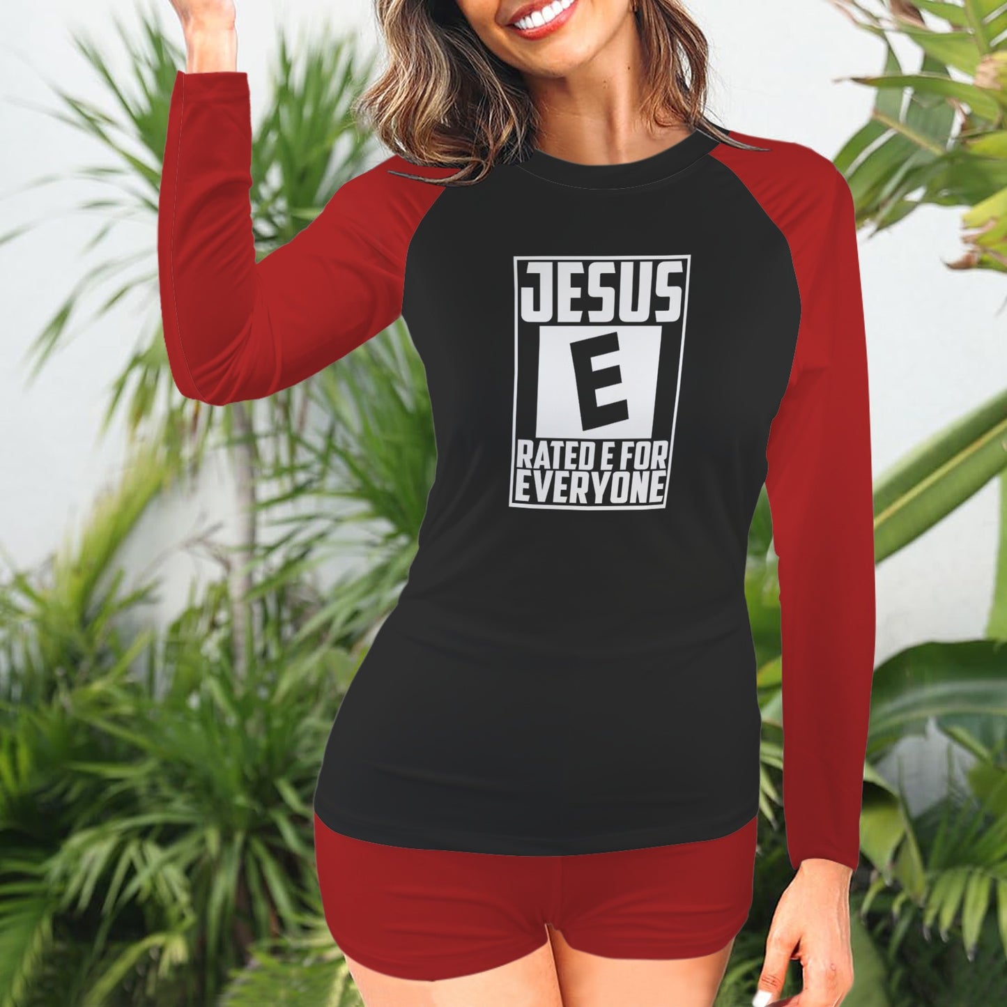 Jesus Rated E For Everyone Christian Women's Long Sleeve& Shorts Tankini Set