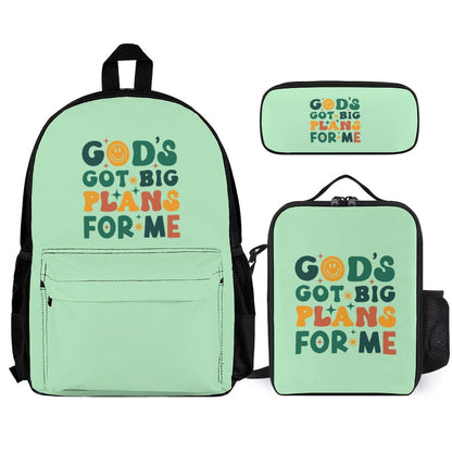 He's Got Big Plans For Me Christian Backpack Set of 3 Bags (Shoulder Bag Lunch Bag & Pencil Pouch)