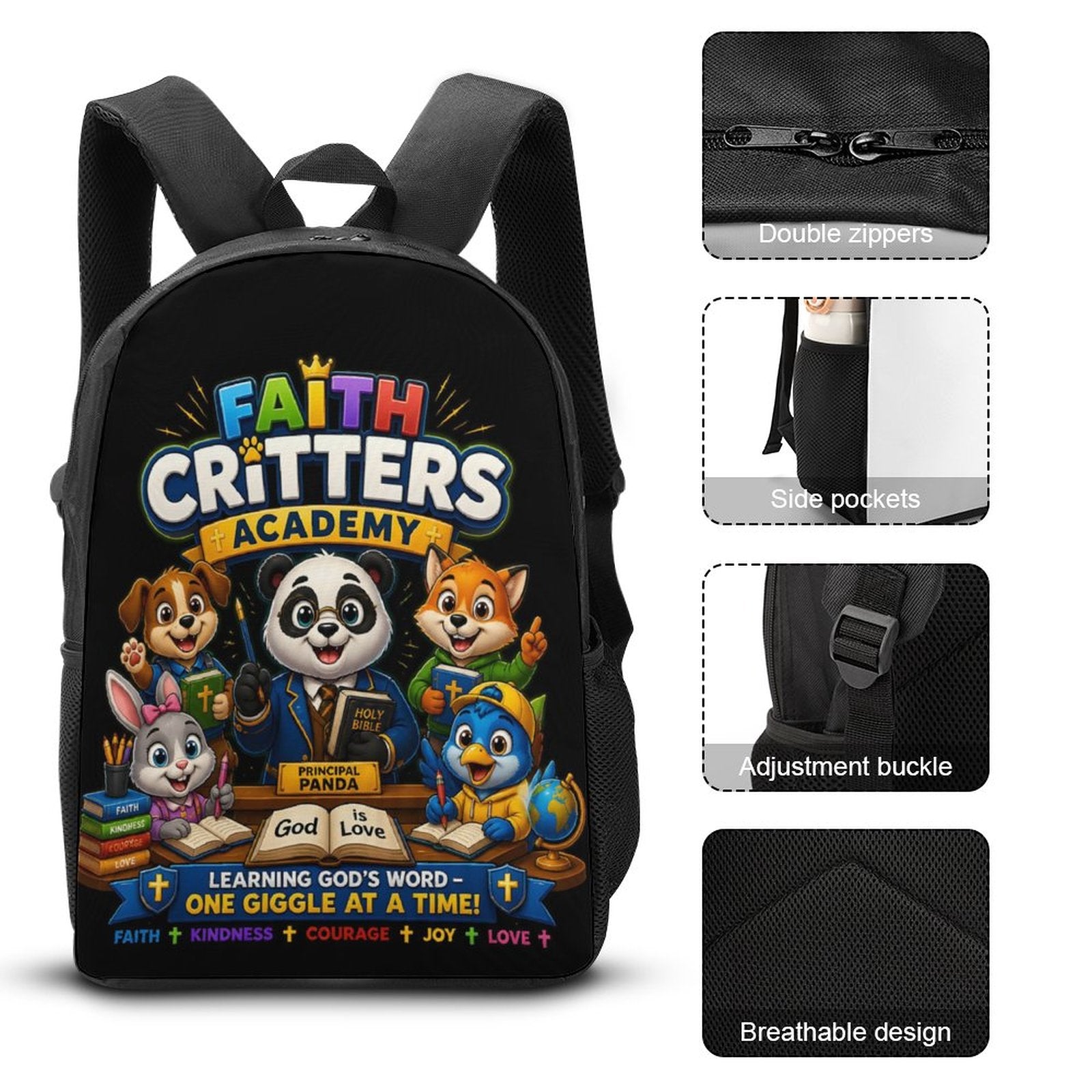 Faith Critters Academy Christian 3 PCS Bag Set (Backpack, Lunch Bag and Pencil Case) - ClaimedbyGodDesigns
