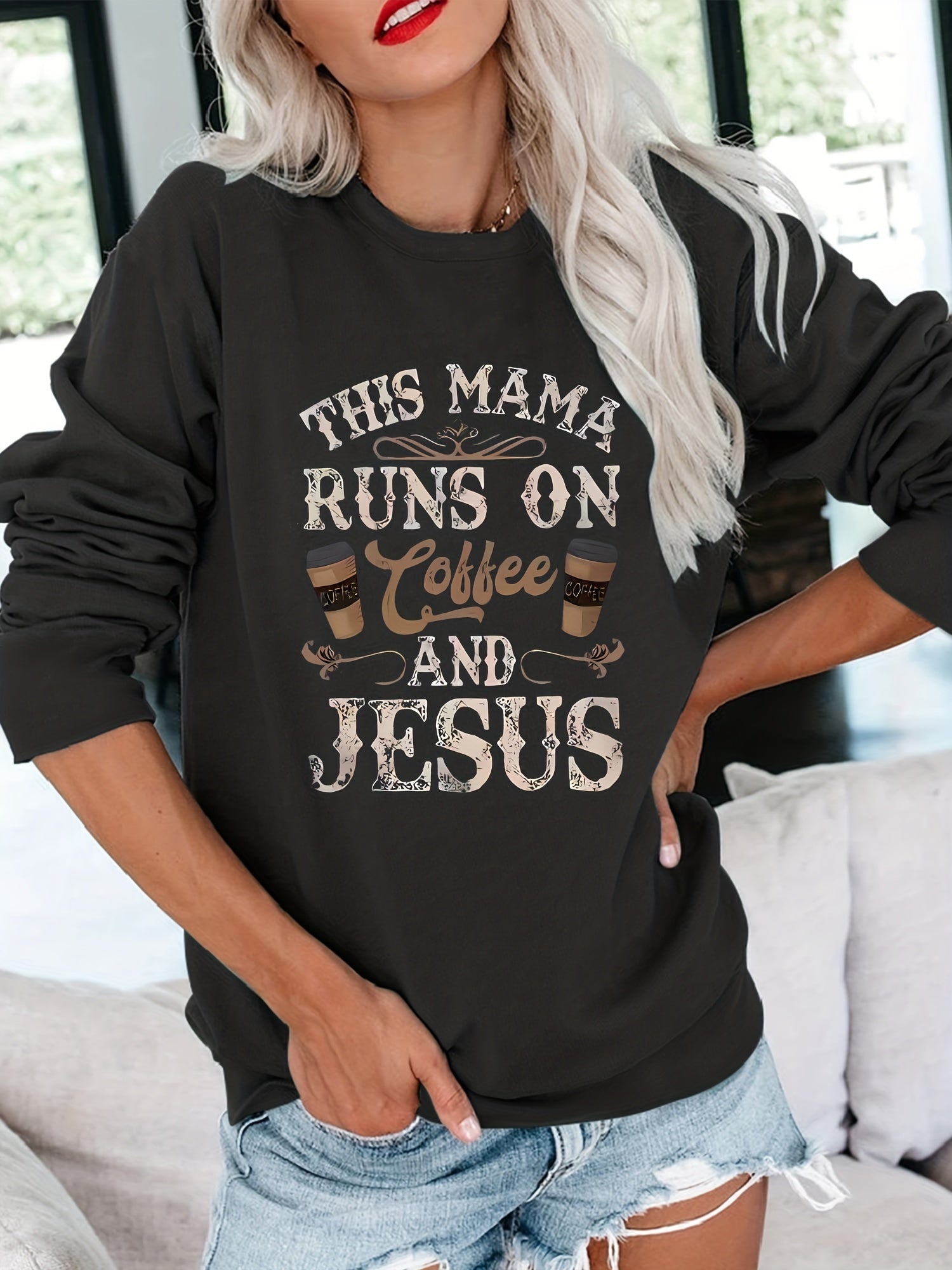 This Mama Runs On Coffee And Jesus Plus Size Women's Christian Pullover Sweatshirt claimedbygoddesigns