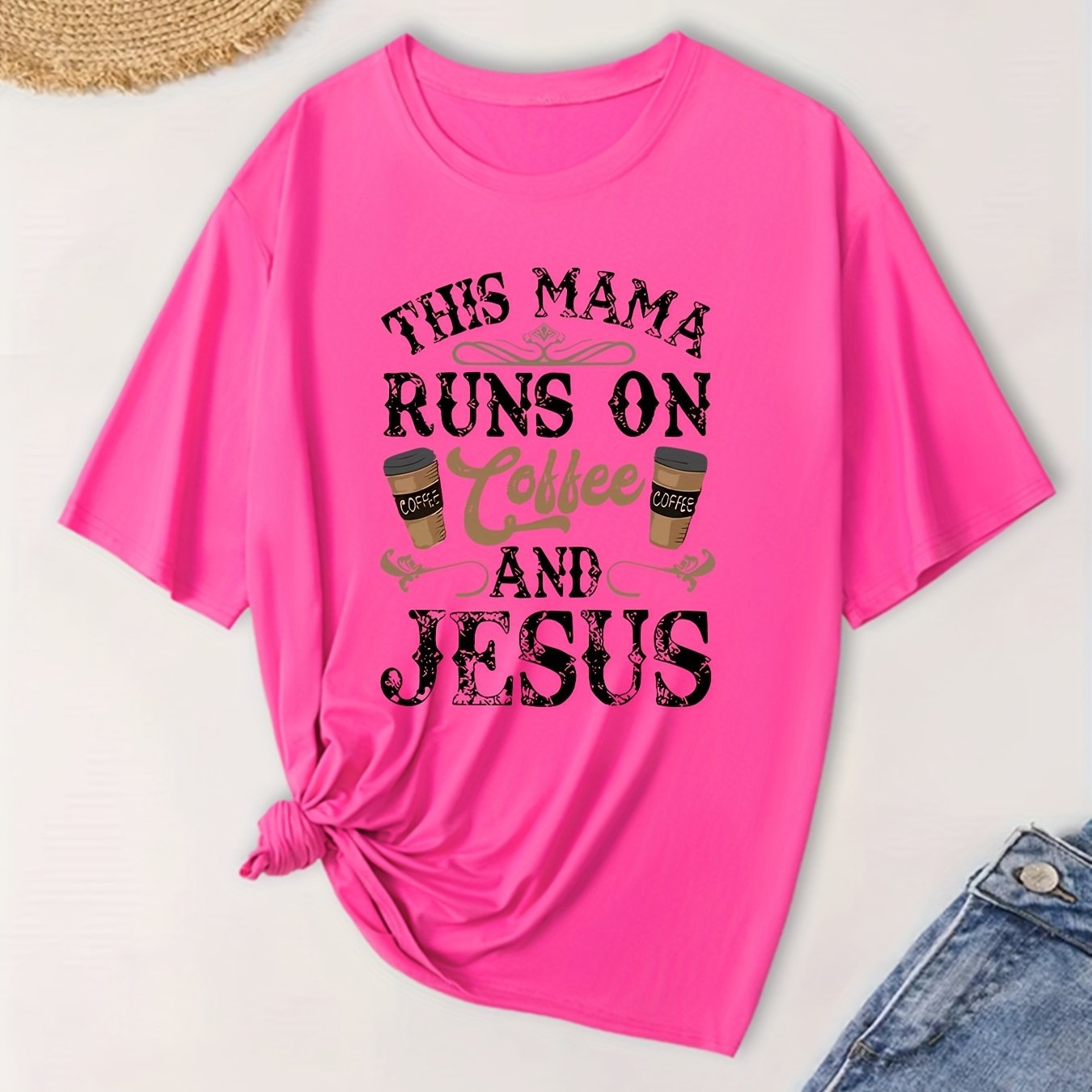 This Mama Runs On coffee And Jesus Plus Size Women's Christian T-shirt claimedbygoddesigns