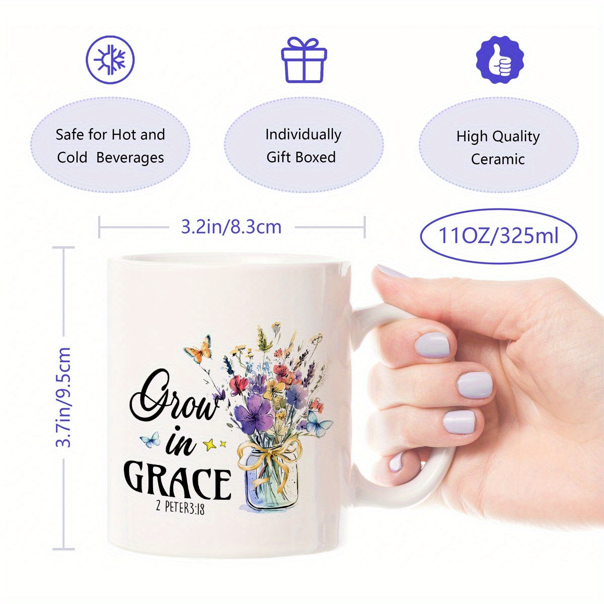 Grow In Grace Christian White Ceramic Mug 11oz claimedbygoddesigns