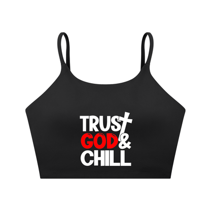 Trust God And Chill Women's Christian Spaghetti Strap Yoga Sports Bra - ClaimedbyGodDesigns