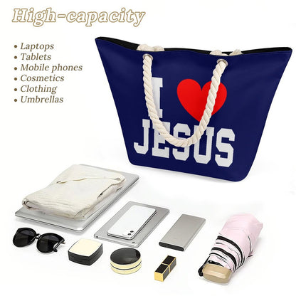 I Love Jesus Christian Large Jute Tote Bag