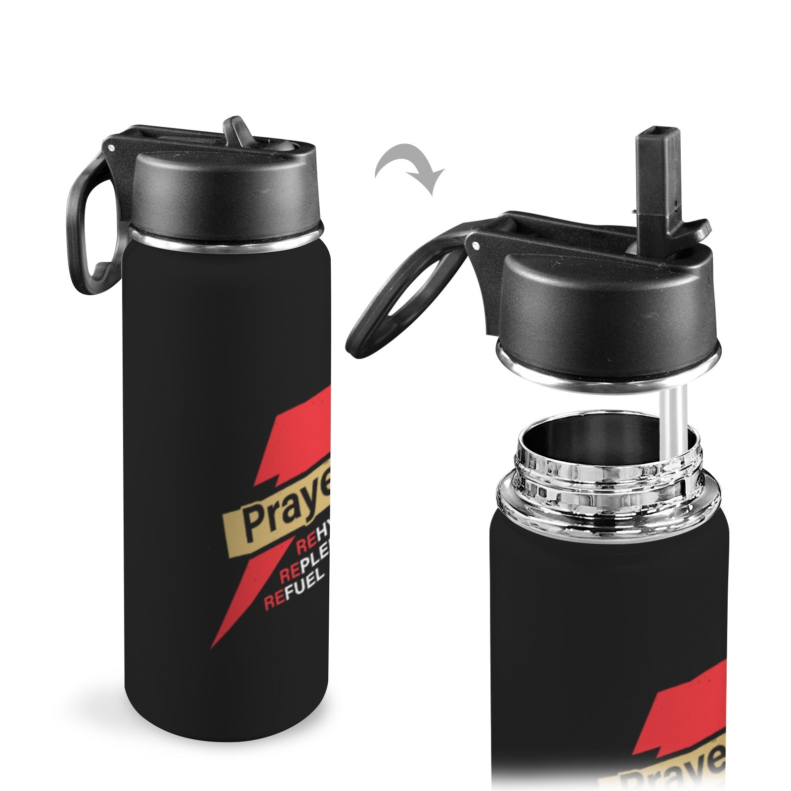 Prayer Replenish Rehydrate Refuel Insulated Christian Water Bottle with Straw Lid (18oz) - ClaimedbyGodDesigns