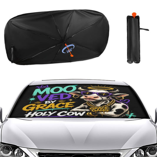 Moo‑ved by Grace — Holy Cow Christian Car Sunshade Umbrella - ClaimedbyGodDesigns