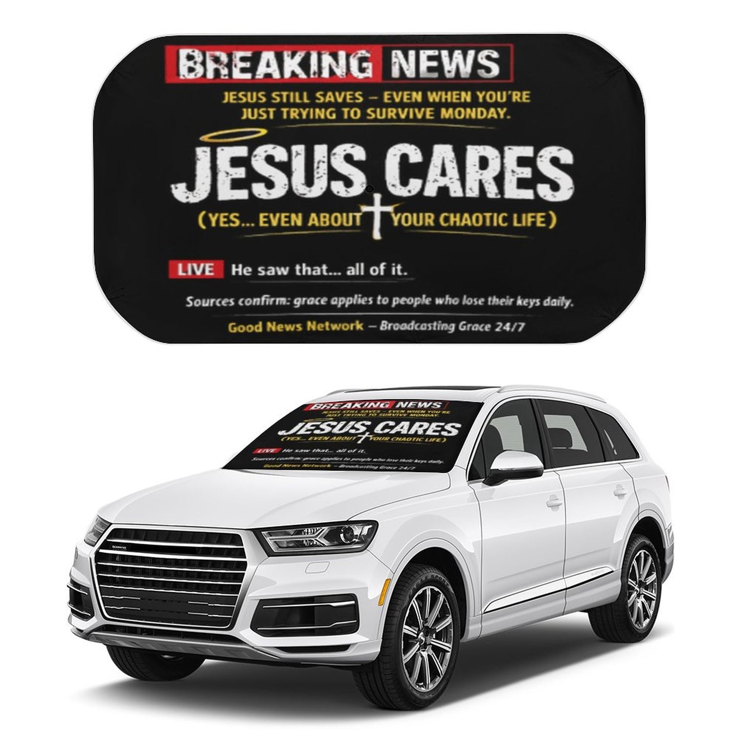 Breaking News: Jesus Cares Funny Christian Car Umbrella Sunshade