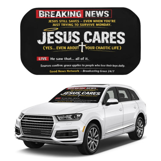 Breaking News: Jesus Cares Funny Christian Car Umbrella Sunshade