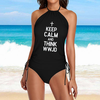 Keep Calm and Think WWJD Women's Christian Halter High Neck 2 - Piece Swimsuit Set - ClaimedbyGodDesigns
