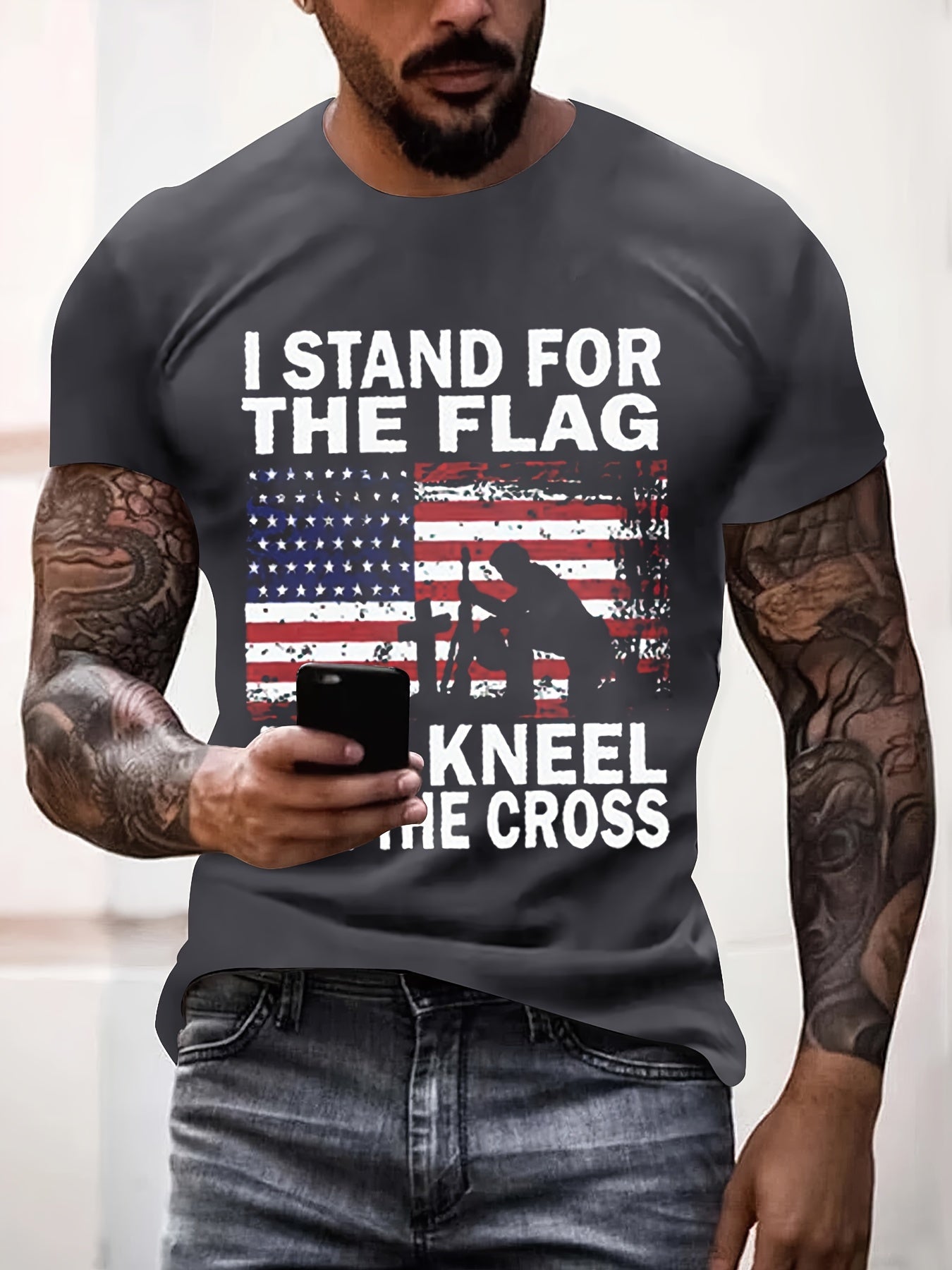 I Stand For The Flag And Kneel For The Cross Patriotic American Flag Men's Christian T-shirt claimedbygoddesigns