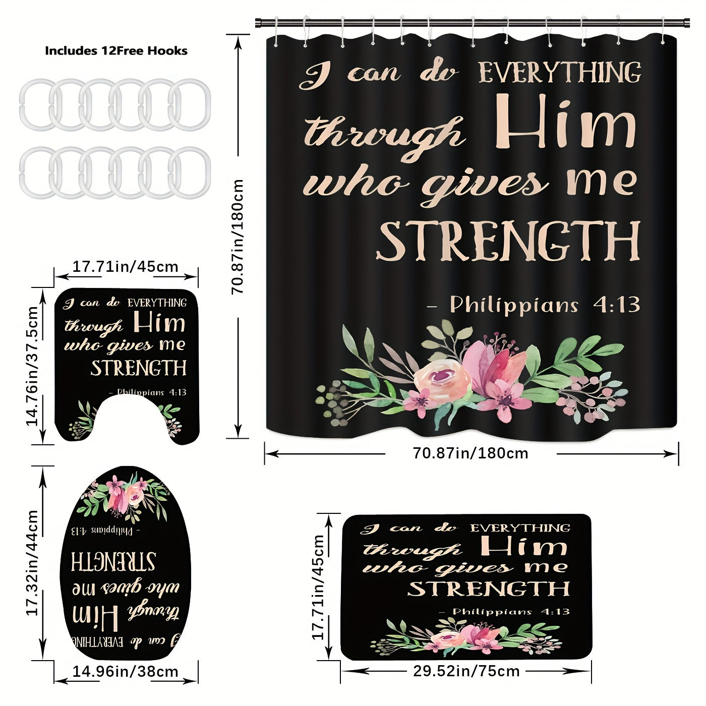 I Can Do All Things 4pcs Non-Slip Christian Bathroom Set with Shower Curtain, Rug, Lid Cover, and Toilet Mat - Includes 12 Hooks claimedbygoddesigns