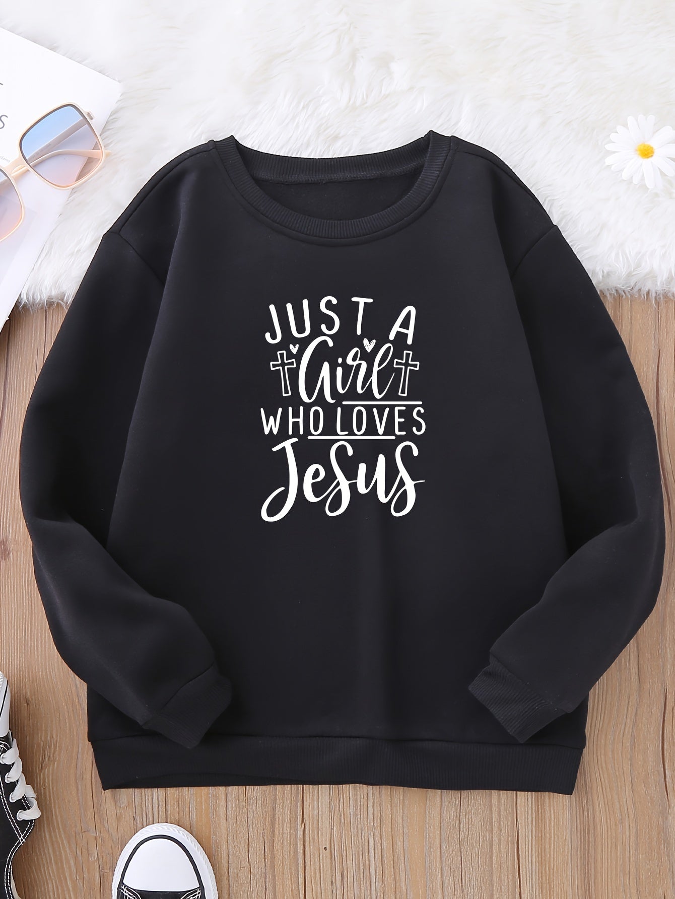 JUST A GIRL WHO LOVES JESUS Youth Christian Pullover Sweatshirt claimedbygoddesigns