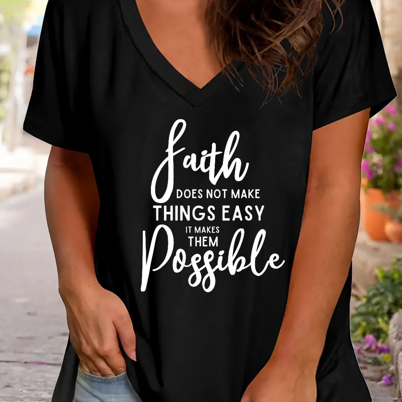 Faith Makes Things Possible Plus Size Women's Christian V Neck T-Shirt claimedbygoddesigns