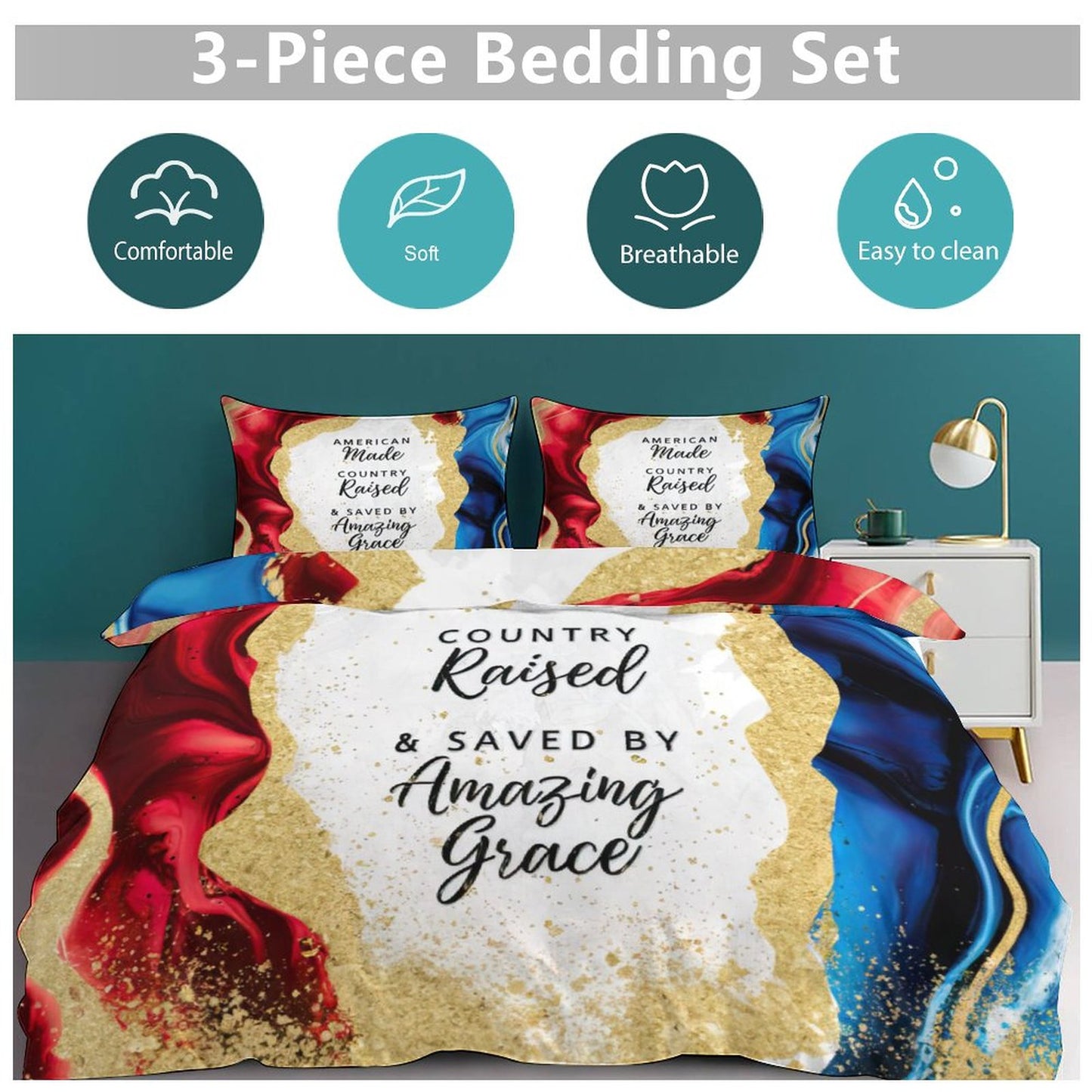American Made Country Raised Saved By Amazing Grace Patriotic Christian 3-Piece Comforter Bedding Set-86"×70"/ 218×177cm SALE-Personal Design