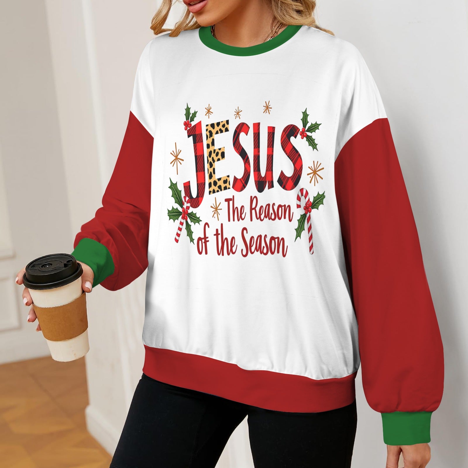 Jesus The Reason For The Season Christmas Themed Women's Christian Oversized Crew Neck Pullover Sweatshirt