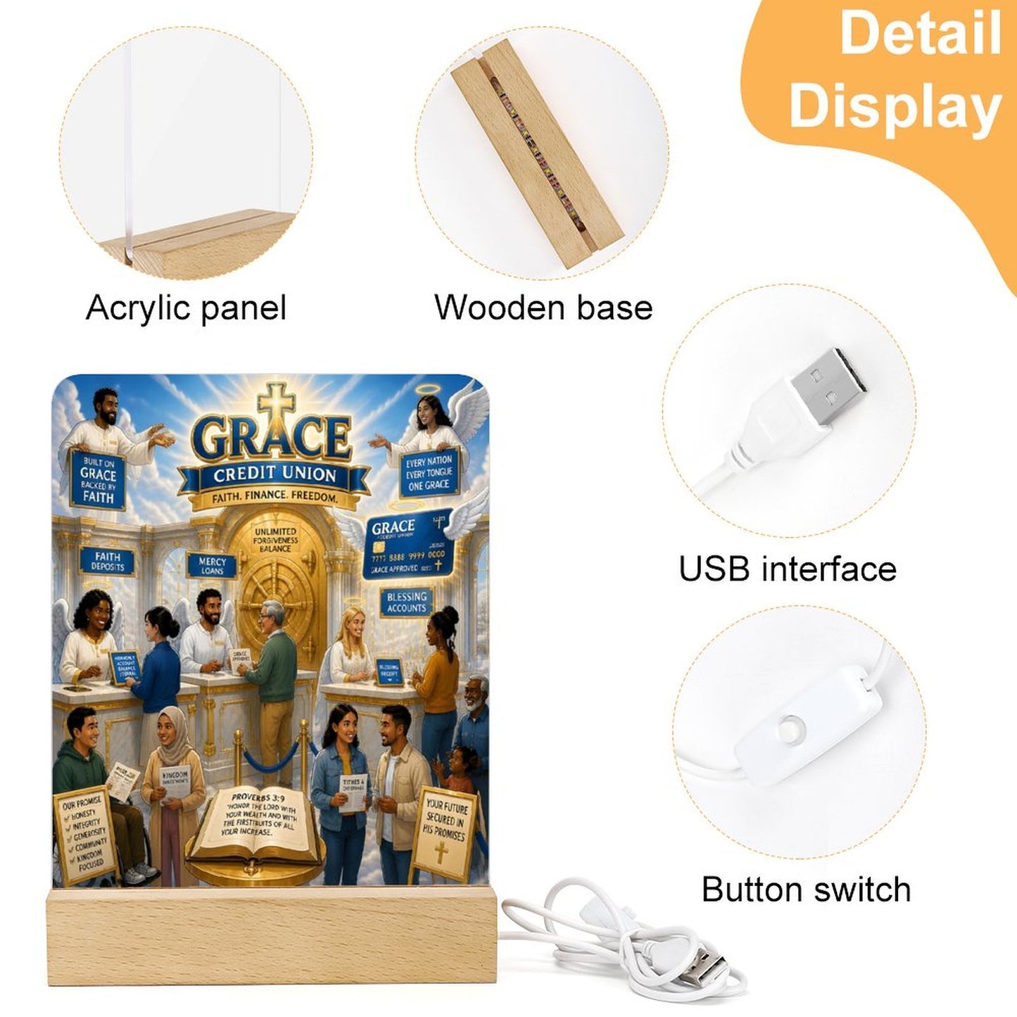 The Grace Credit Union Christian Acrylic Photo Night Light with Wooden Base - ClaimedbyGodDesigns
