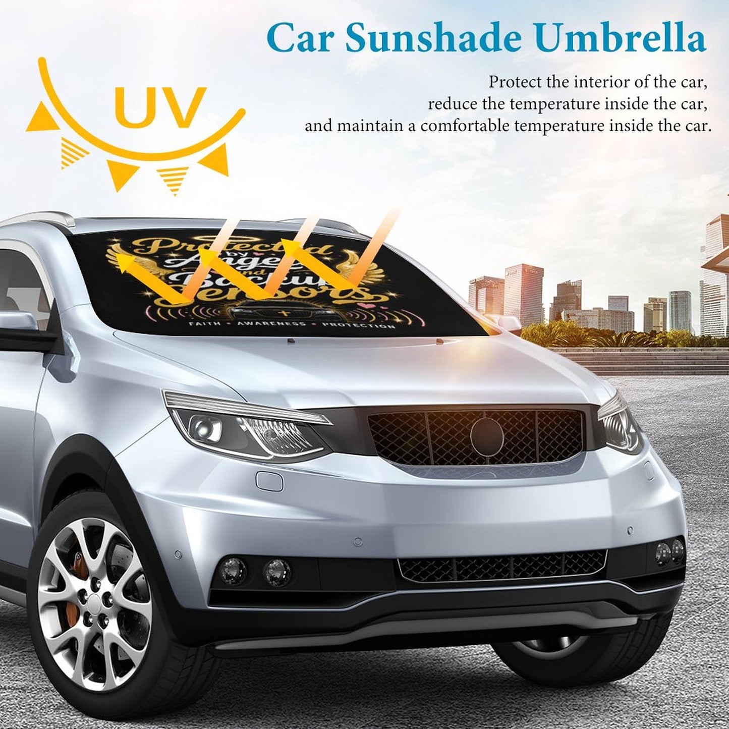 Protected by Angels & Backup Sensors Christian Car Sunshade Umbrella - ClaimedbyGodDesigns