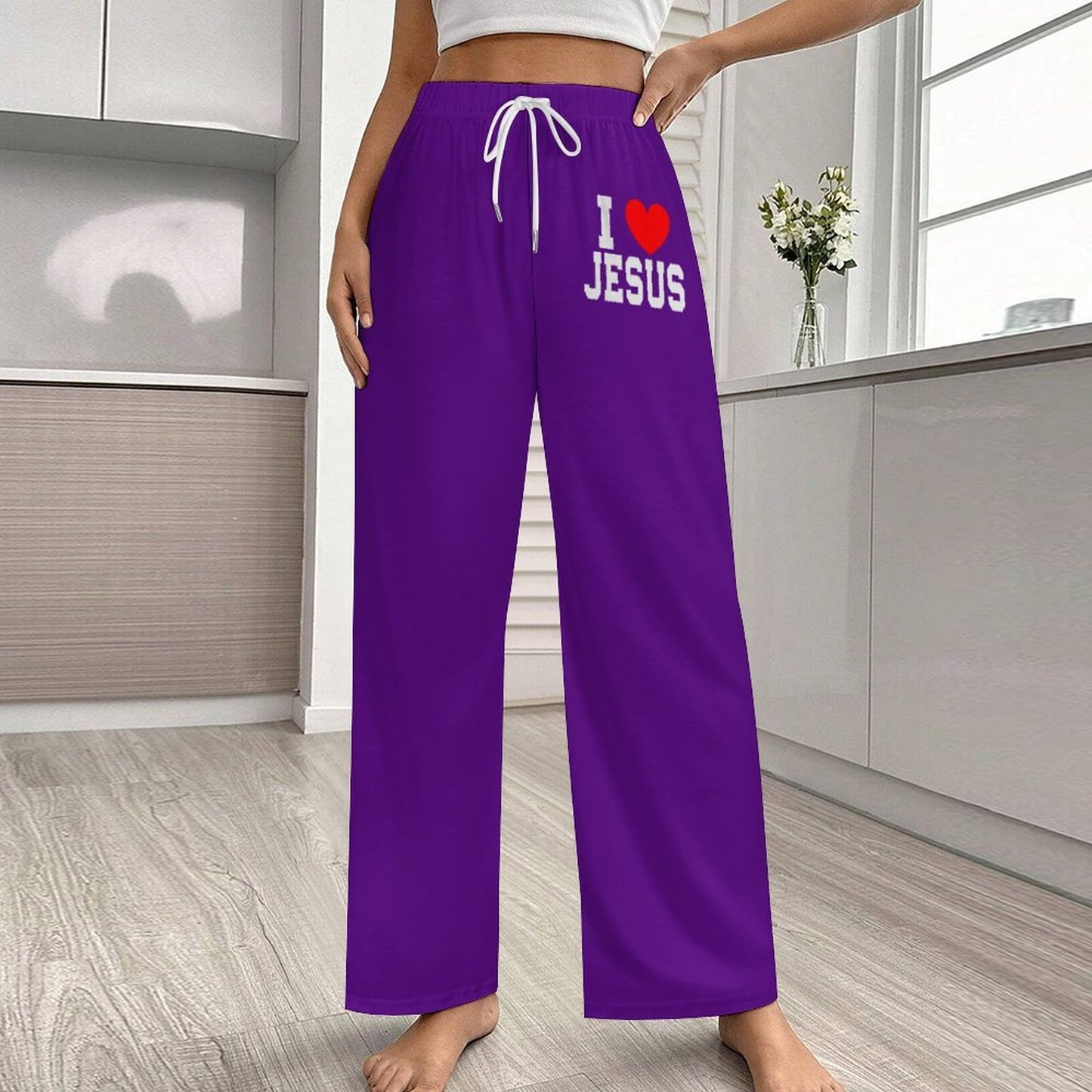 I Love Jesus Women's Christian  Faux Cotton Drawstring Wide Leg Pajama Pants