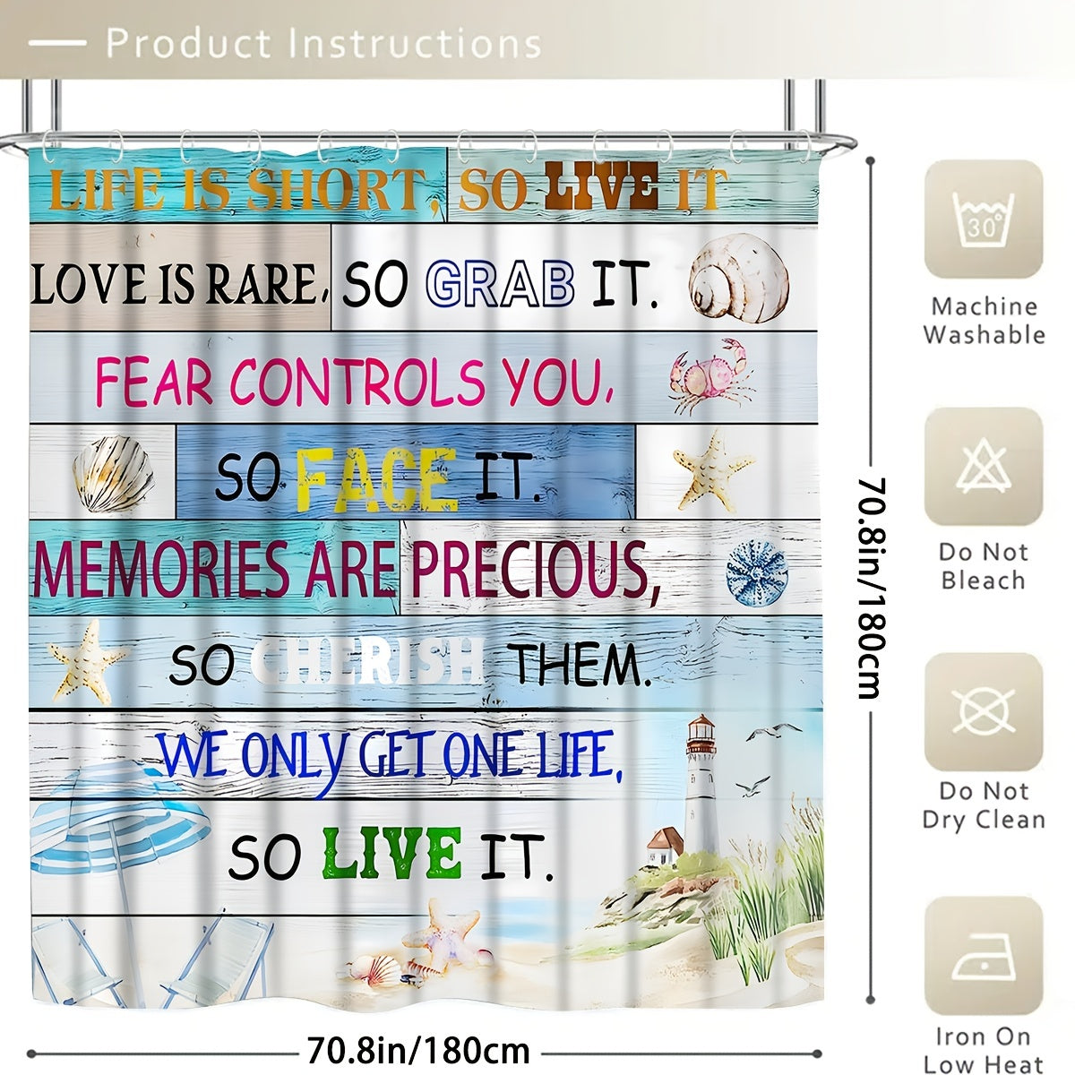 Life Is Short So Live It Christian Shower Curtain With 12 Hooks, Non-Slip Bathroom Rug, Toilet U-Shape Mat, Toilet Lid Cover Pad 1 or 4pcs 70.8x70.8in claimedbygoddesigns