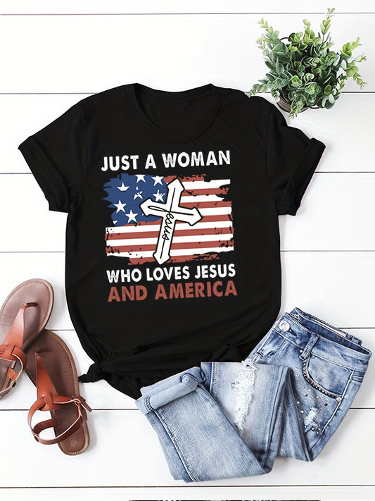 Just A Woman Who Loves Jesus And America Patriotic American Flag  Women's Christian T-shirt claimedbygoddesigns
