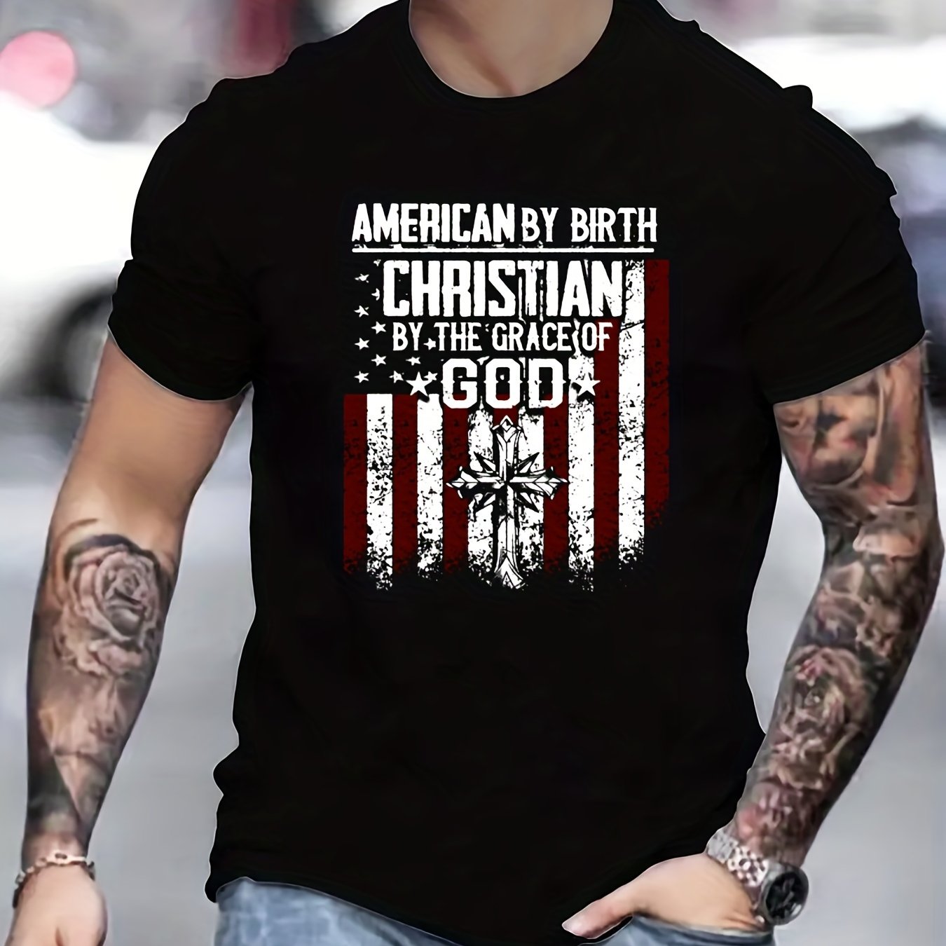 American By Birth Christian By The Grace Of God Men's Christian T-shirt claimedbygoddesigns