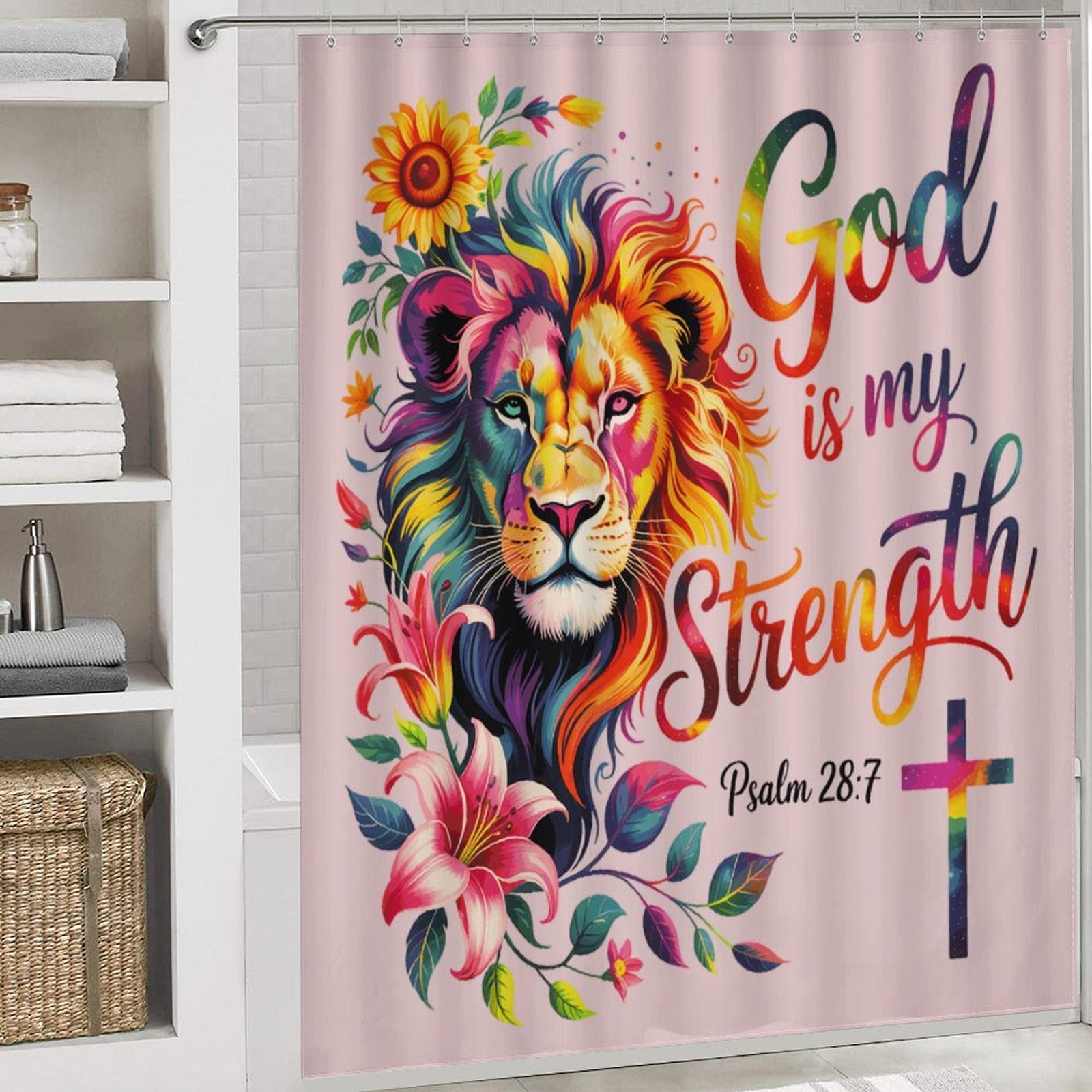 He Is My Strength Christian Shower Curtain Set with a shower curtain, a bath rug, a contour rug and a toilet lid cover. - ClaimedbyGodDesigns