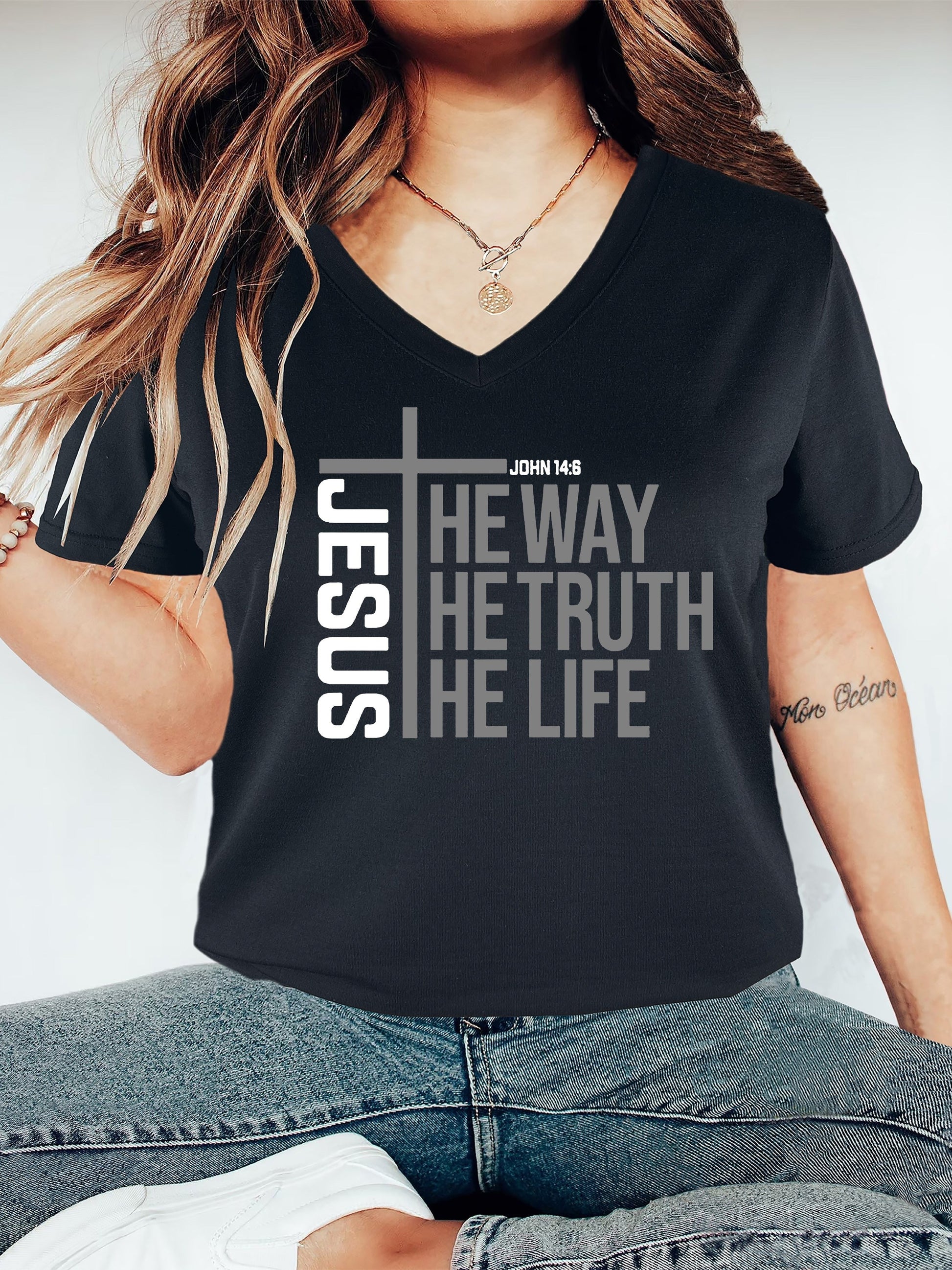 Jesus The Way, The Truth, The Life Women's Christian V Neck T-Shirt claimedbygoddesigns