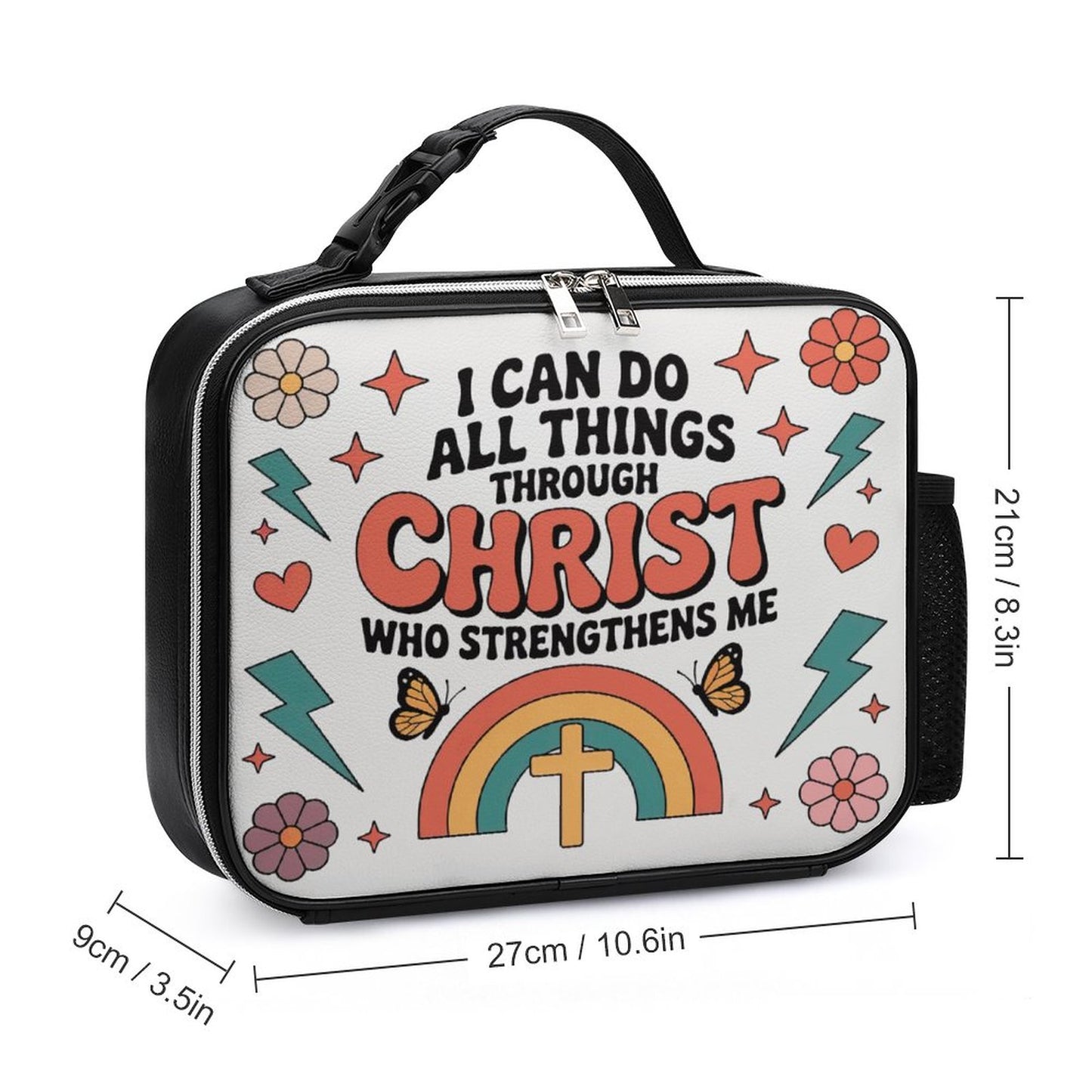 I Can Do All Things Christian PU Leak-proof Lunch Bag with Detachable Buckled Handle