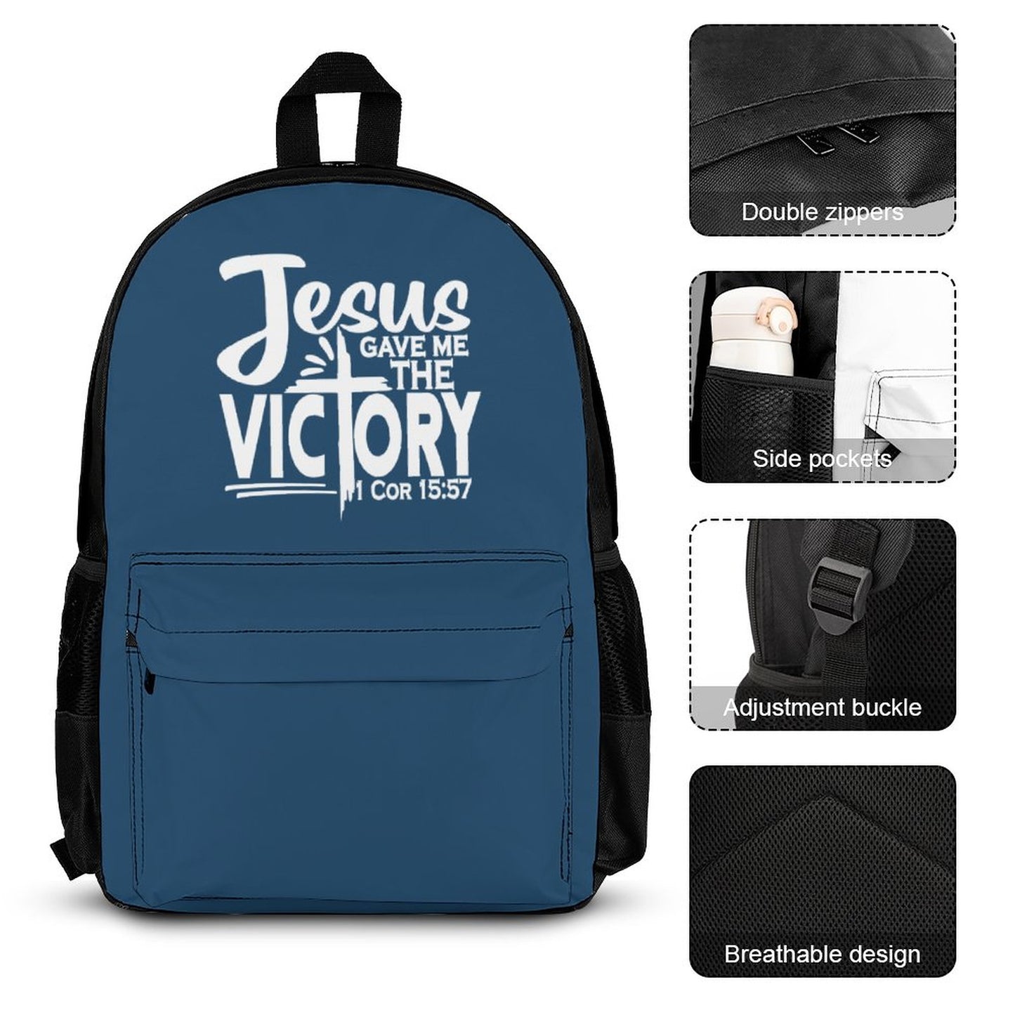 Jesus Gave Me The Victory Christian Backpack Set of 3 Bags (Shoulder Bag Lunch Bag & Pencil Pouch)