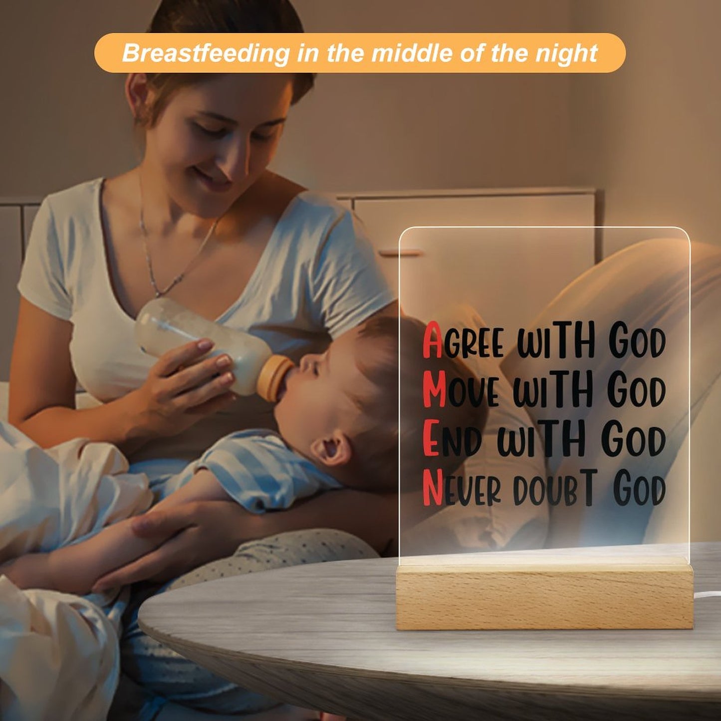 Amen Agree Move End With God Never Doubt God Christian Acrylic Night Light with Wooden Base Christian Gift Idea