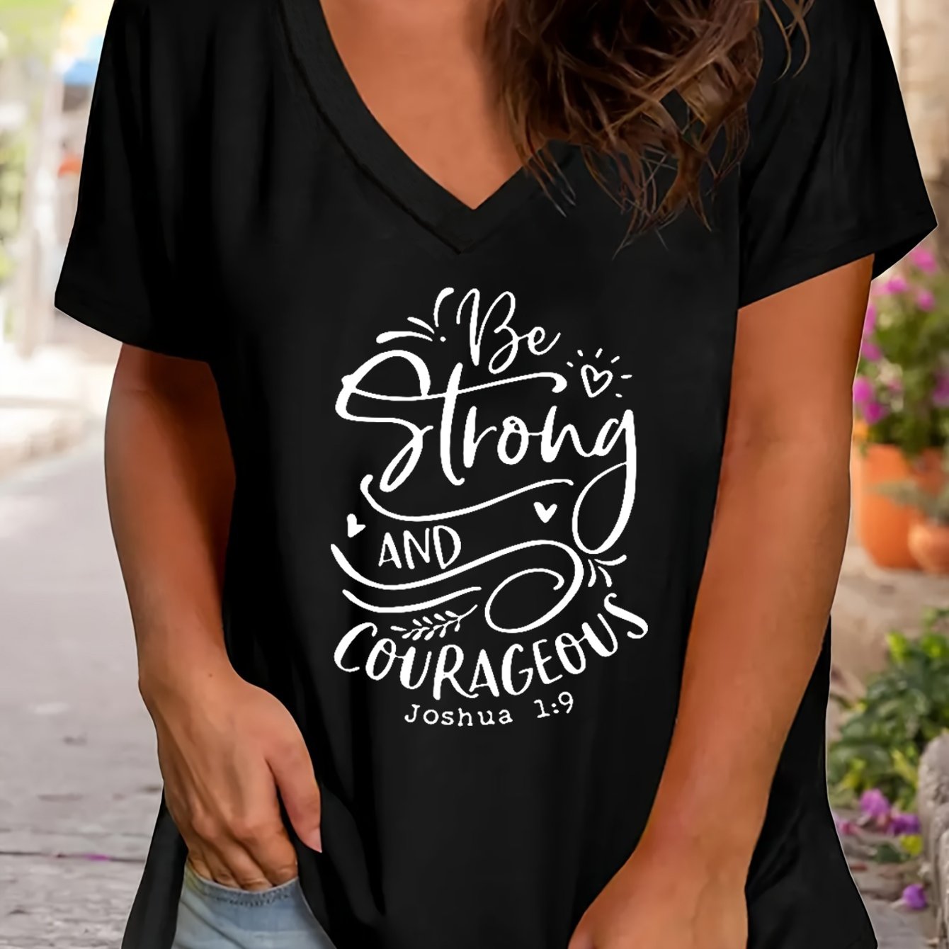 Be Strong And Courageous Plus Size Women's Christian V Neck T-Shirt claimedbygoddesigns