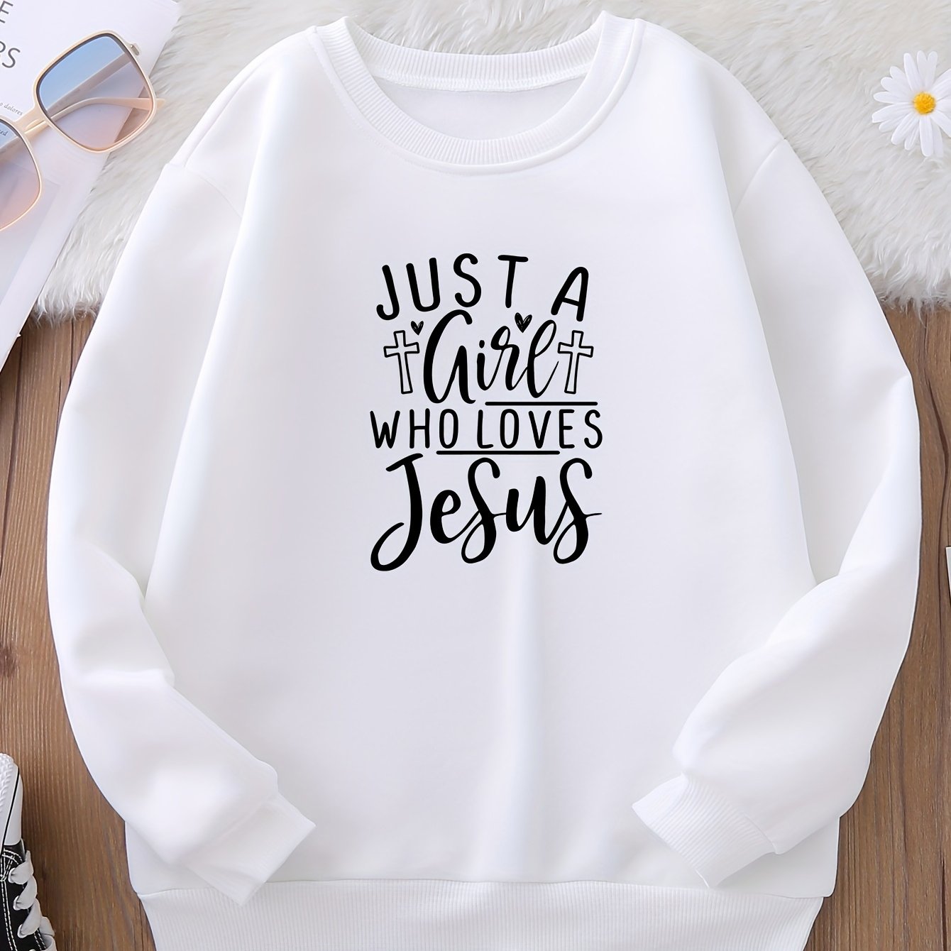 JUST A GIRL WHO LOVES JESUS Youth Christian Pullover Sweatshirt claimedbygoddesigns