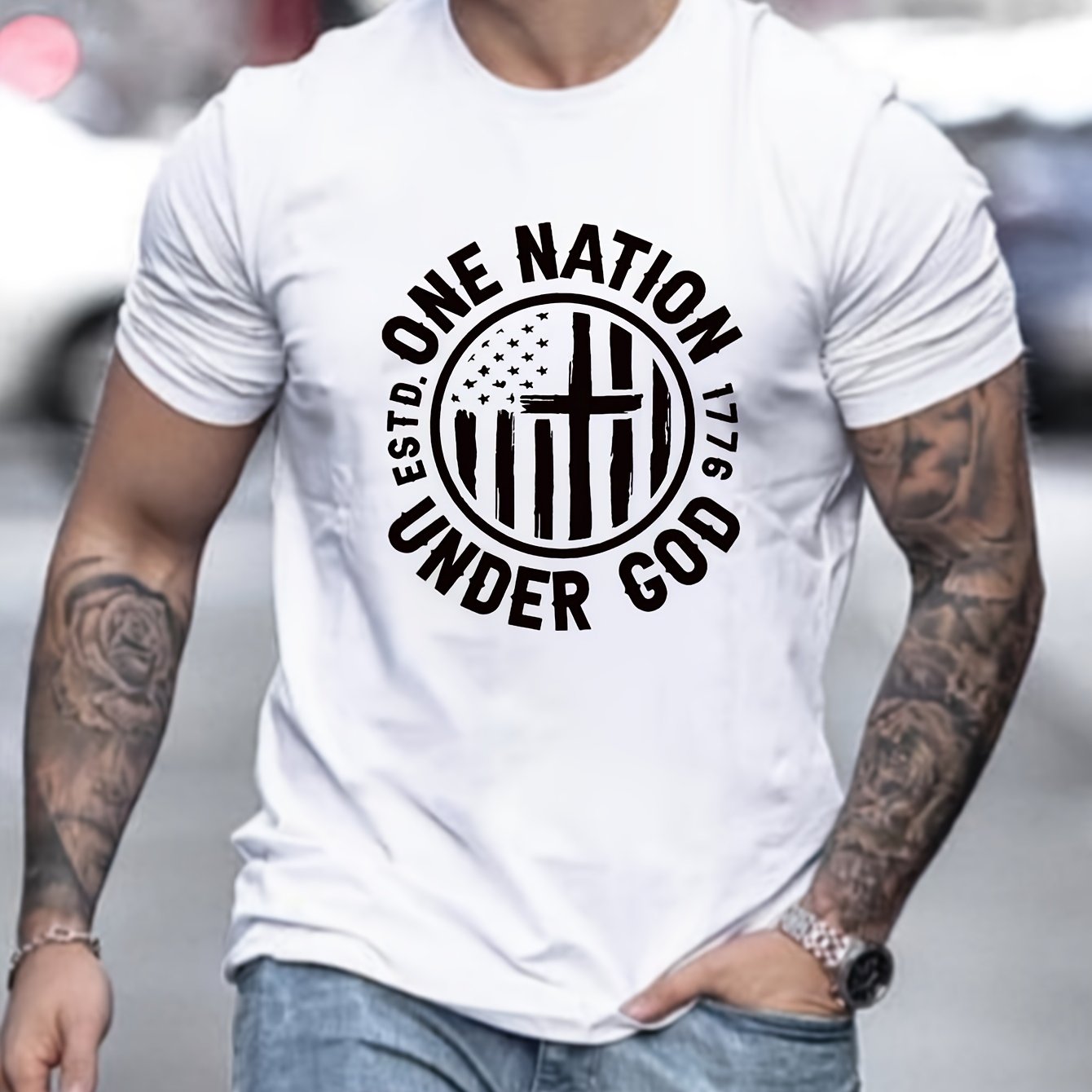 One Nation Under God Patriotic American Flag Men's Christian T-shirt claimedbygoddesigns