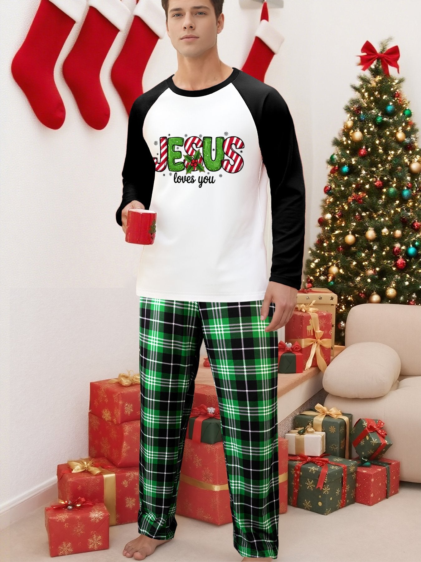 He Loves You Unisex Adult Christian Christmas Plaid Pajamas