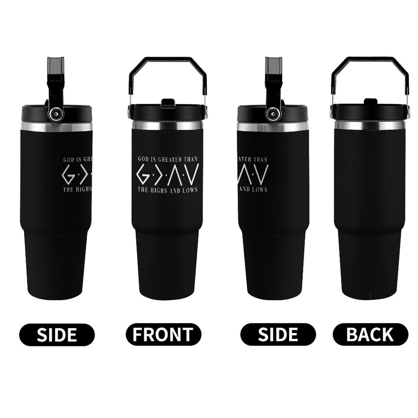 He Is Greater Christian 30oz Car Tumbler with Handle - ClaimedbyGodDesigns