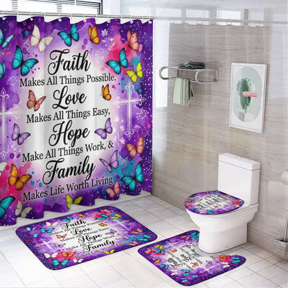 Faith Love Hope Family Christian Shower Curtain Set with a bath rug, a contour rug and a toilet lid - ClaimedbyGodDesigns