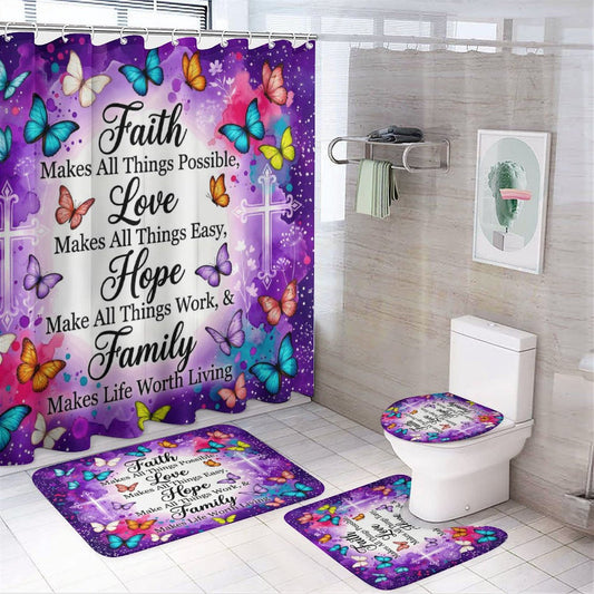 Faith Love Hope Family Christian Shower Curtain Set with a bath rug, a contour rug and a toilet lid - ClaimedbyGodDesigns