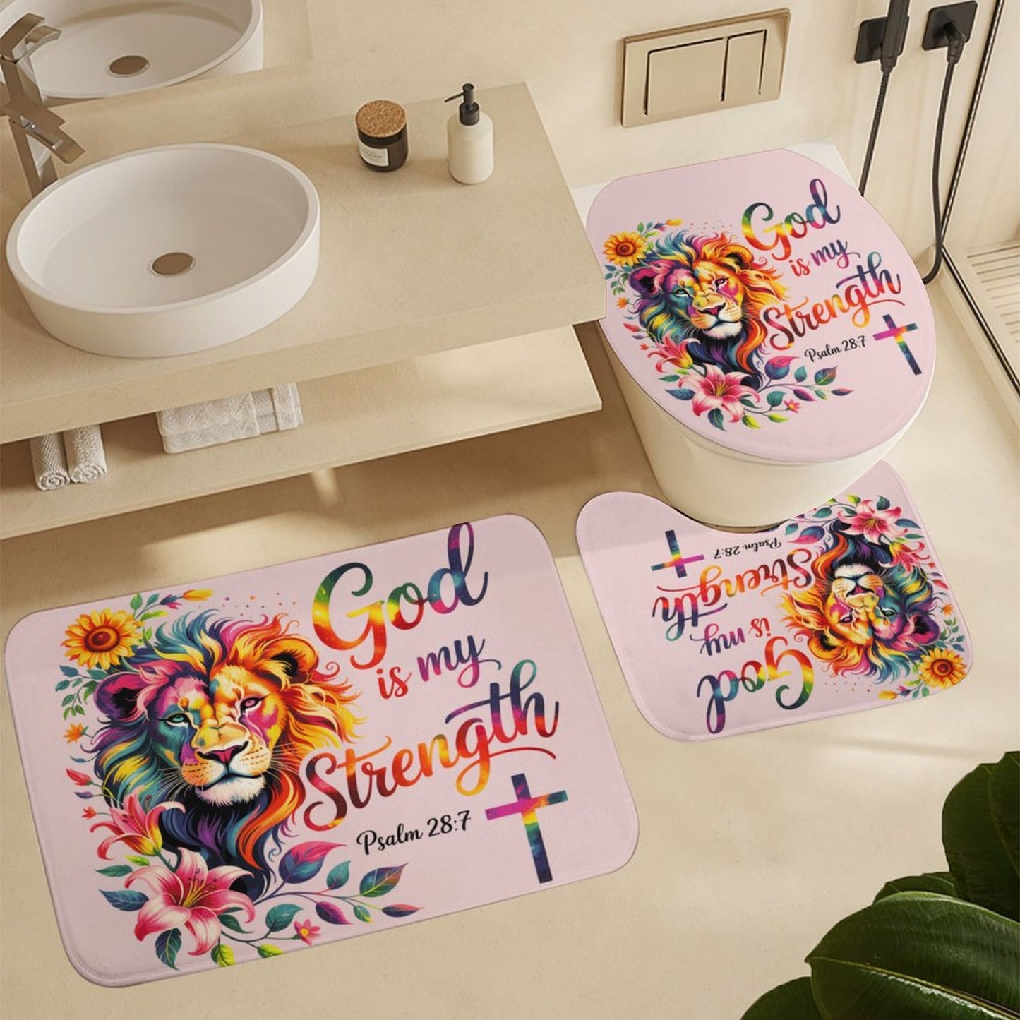 He Is My Strength Christian Shower Curtain Set with a shower curtain, a bath rug, a contour rug and a toilet lid cover. - ClaimedbyGodDesigns