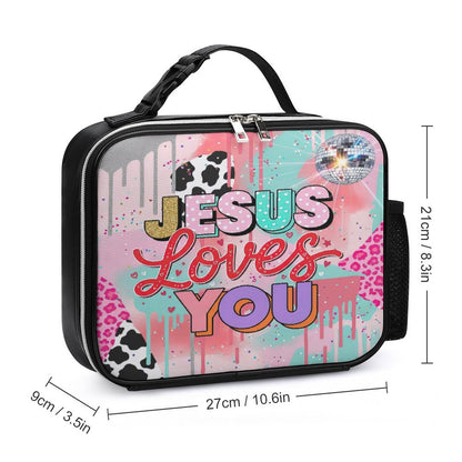 Jesus Loves You Christian PU Leak-proof Lunch Bag with Detachable Buckled Handle