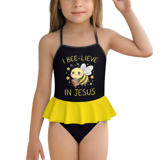 I Bee-lieve In Jesus Kids One Piece Ruffle Strap Christian Swimsuit