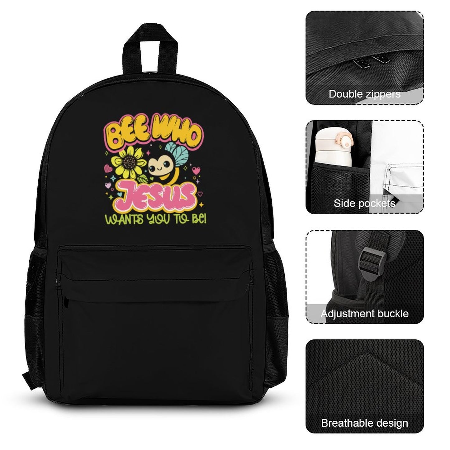 Bee Who Jesus Wants You To Be Christian Backpack Set of 3 Bags (Shoulder Bag Lunch Bag & Pencil Pouch)