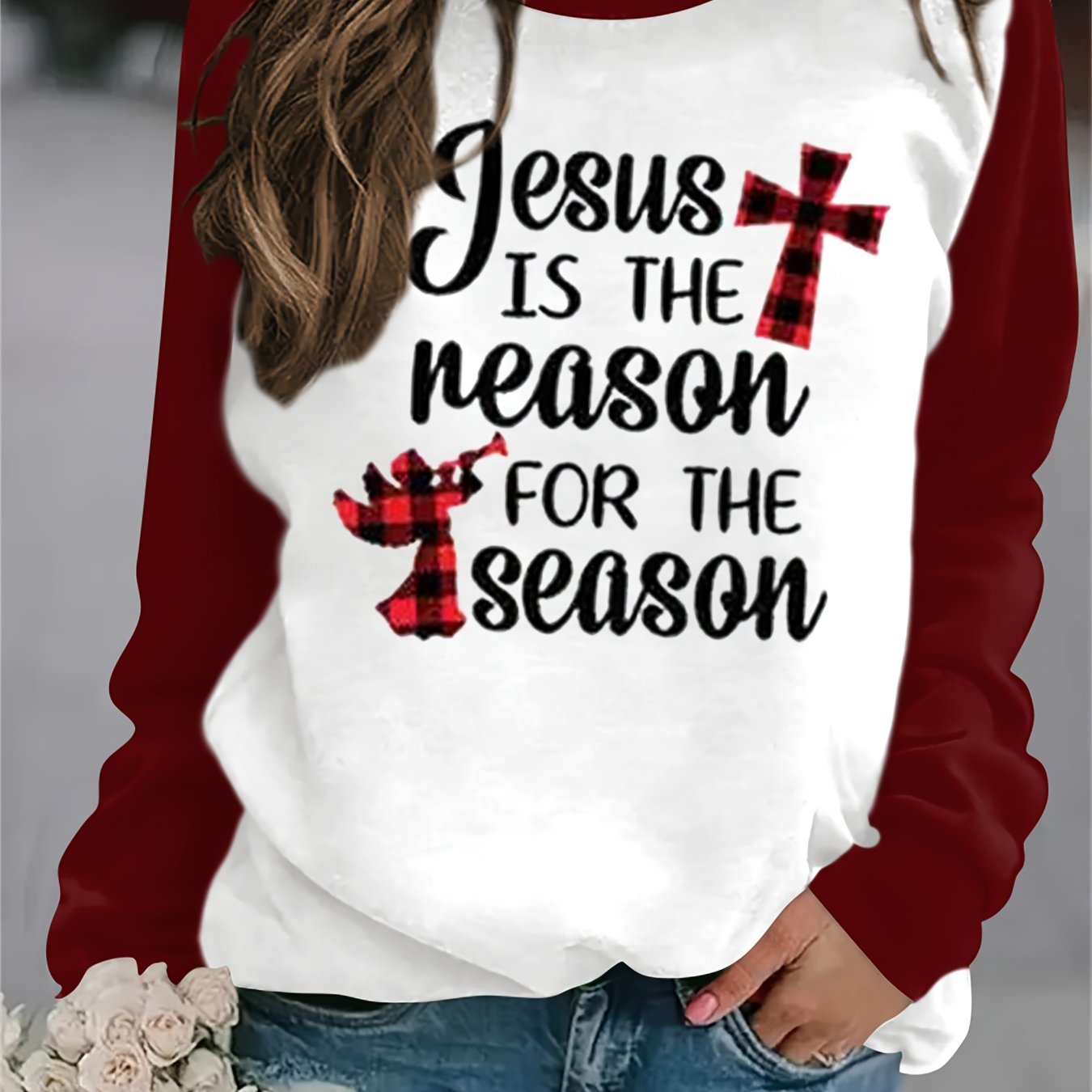 Jesus Is The Reason For The Season (Christmas Themed) Women's Christian Pullover Sweatshirt claimedbygoddesigns